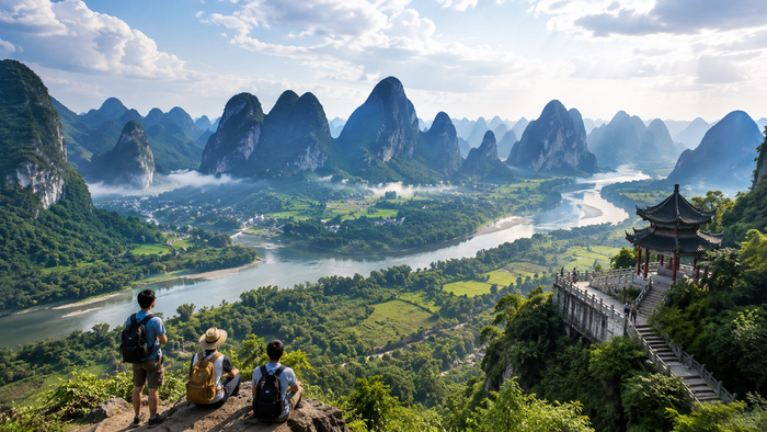 Panoramic view of China's mountains, river valleys and traditional pavilion